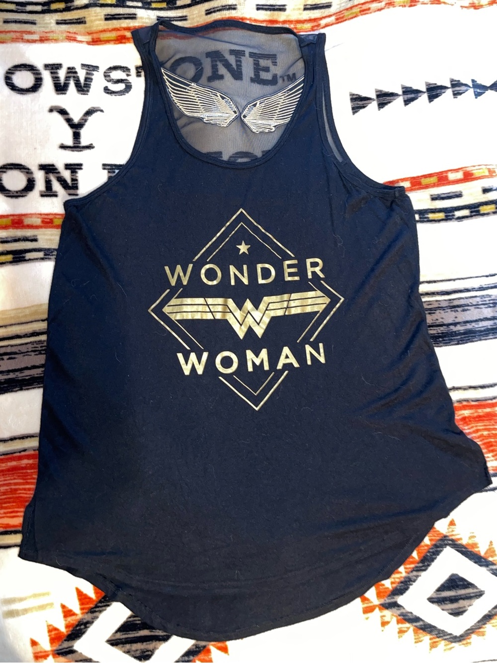 Her Universe Black Tank with Gold Wonder Woman Logo embroidered wings on back